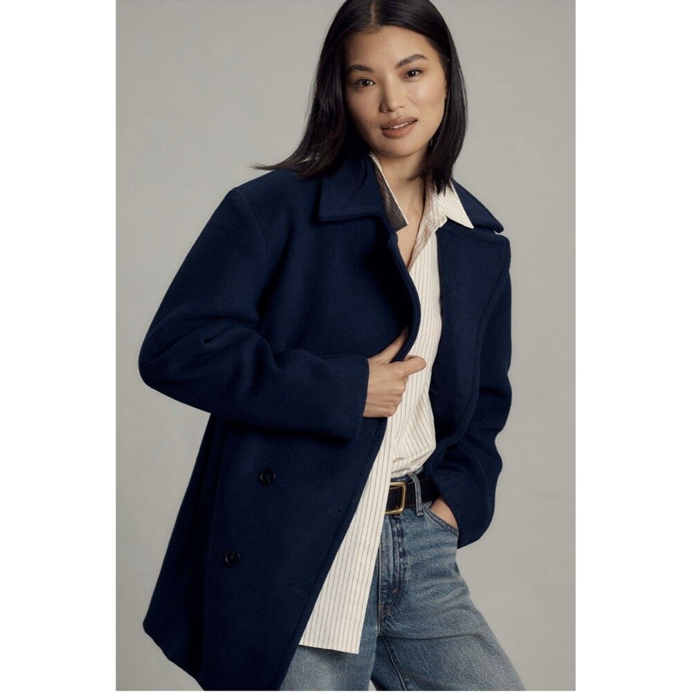 Maeve Anthropologie Navy Blue Double Breasted Wool Blend Jacket Coat Size Large